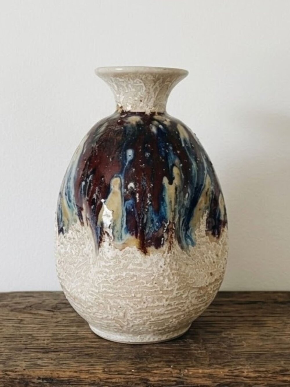 Vintage Toyo Japan Pottery Drip Glaze Vase Textured Clay Brown Blue Clay 8.5"